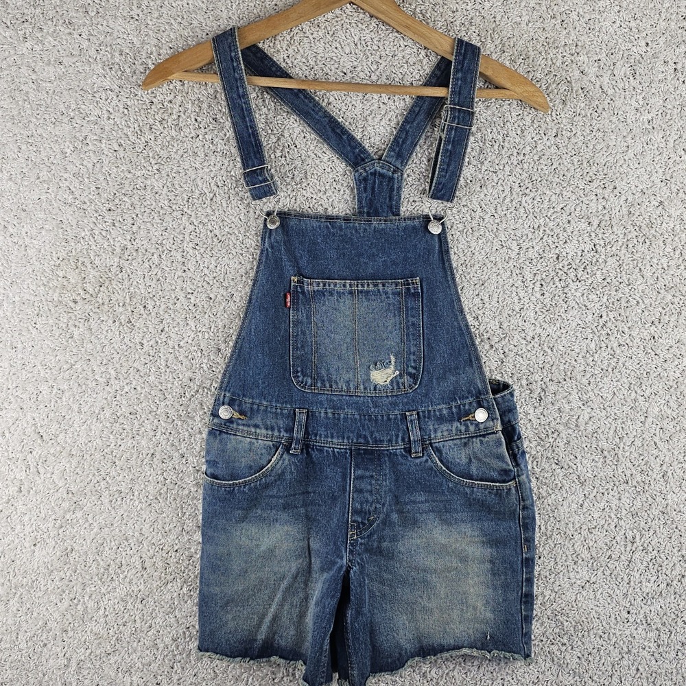 Levi's Denim Shortall Bibs Romper Jeans Girls Sz 14 Regular Distressed Cotton